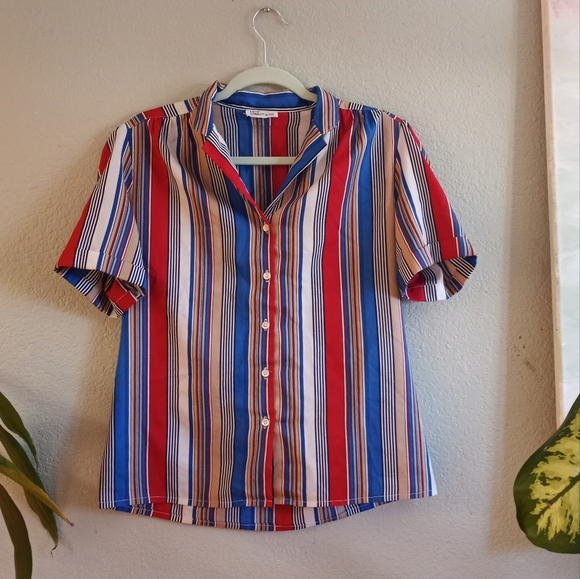 Vintage Levi's Levi Strauss & Co 70s Red White and Blue Striped Silky Button Up - Picture 1 of 4